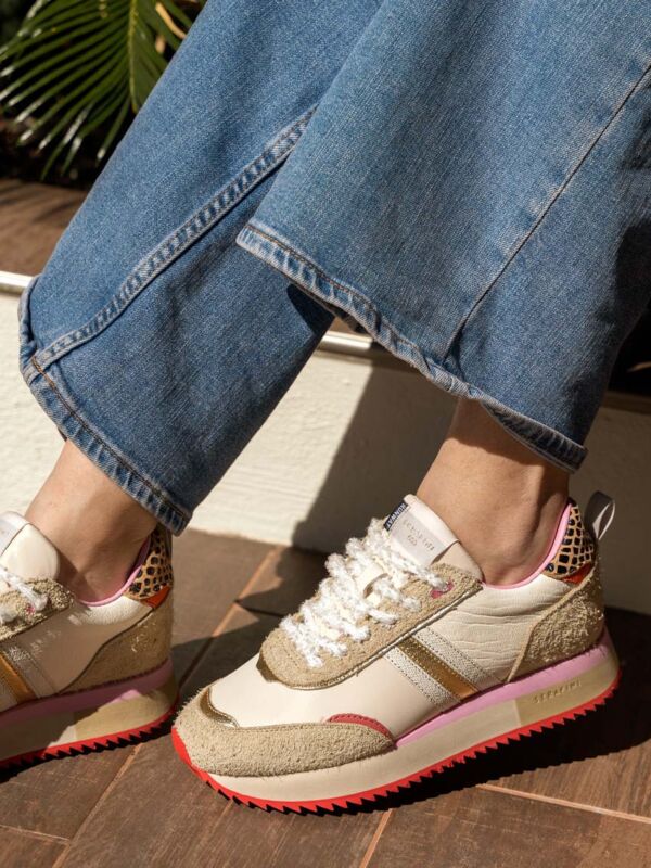 Basket femme Serafini Torino beige doré rose léopard - Sneaker retro italienne multicolore à lacets blancs texturés et semelle colorée