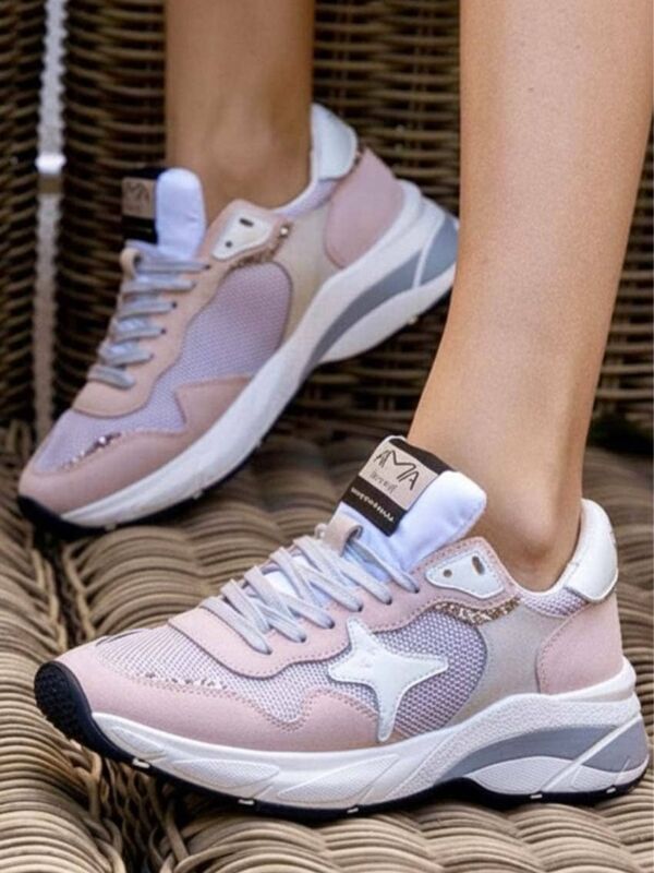 Basket femme rose poudré blanc gris - Sneaker chunky ATA à étoile argentée, semelle épaisse plateforme blanche et grise, mesh et daim pastel