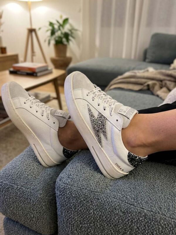 Basket Semerdjian pour femme, modele iconique MAYA 10307, sneakers en cuir blanc avec paillettes décoratives bronze et argent
