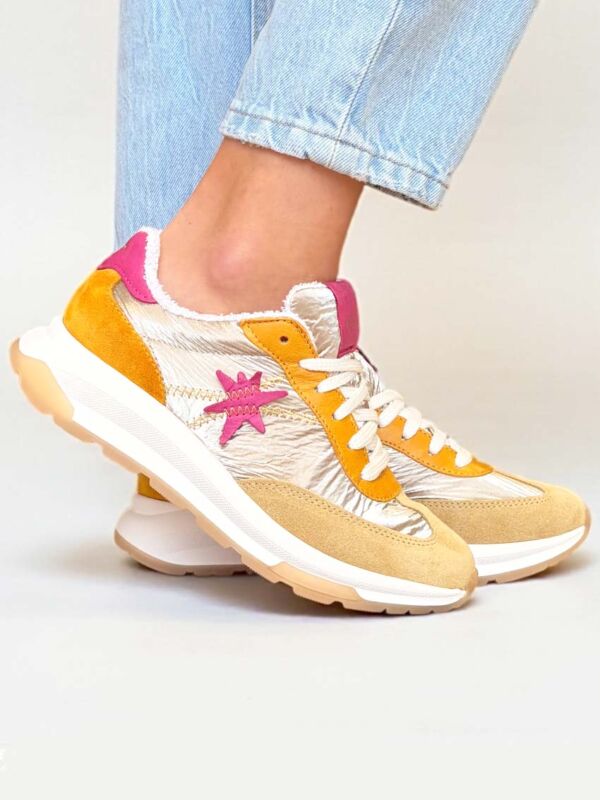 Baskets femme Monì en cuir et nylon, colorées, sneakers confort Made in Italy avec semelle amortissante, vue en mouvement. Nouveautés 2026