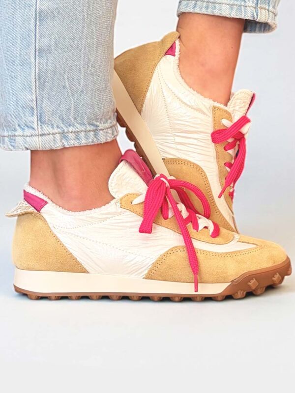 Sneakers femme Moni beige et blanc en nylon et suède vue profil basket mode tendance confortable