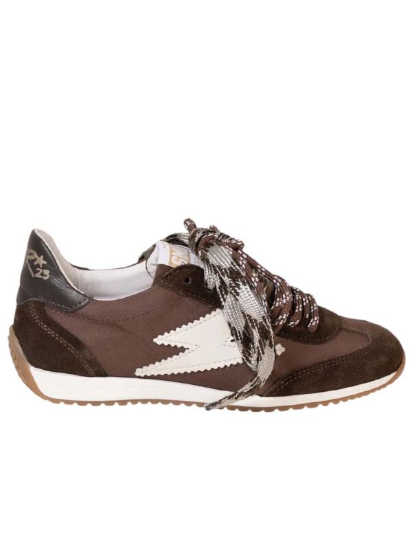 Baskets Semerdjian SMR23 June E278 Marron & Blanc vue de profil, couleur marron incontournable de la tendance hiver, ornée de l'éclair en cuir blanc SMR23.