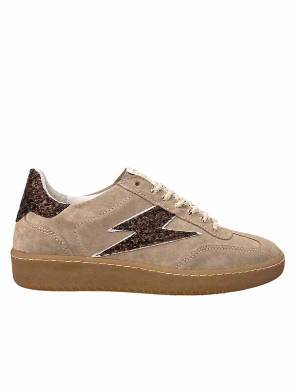 Basket femme Semerdjian SMR23 LEE E434 beige et marron avec éclair pailleté bronze et semelle gomme camel.
