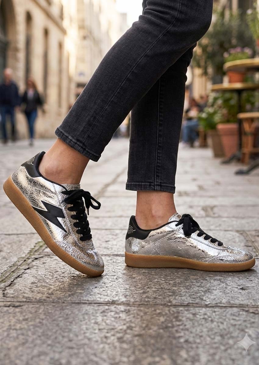 Basket Femme Argentée Portée en Ville | Sneakers Semerdjian avec Jean – Style Urbain Quotidien Sneakers femme argentées Semerdjian portées dans la rue avec jean noir - Basket metallic style urbain quotidien sur pavé