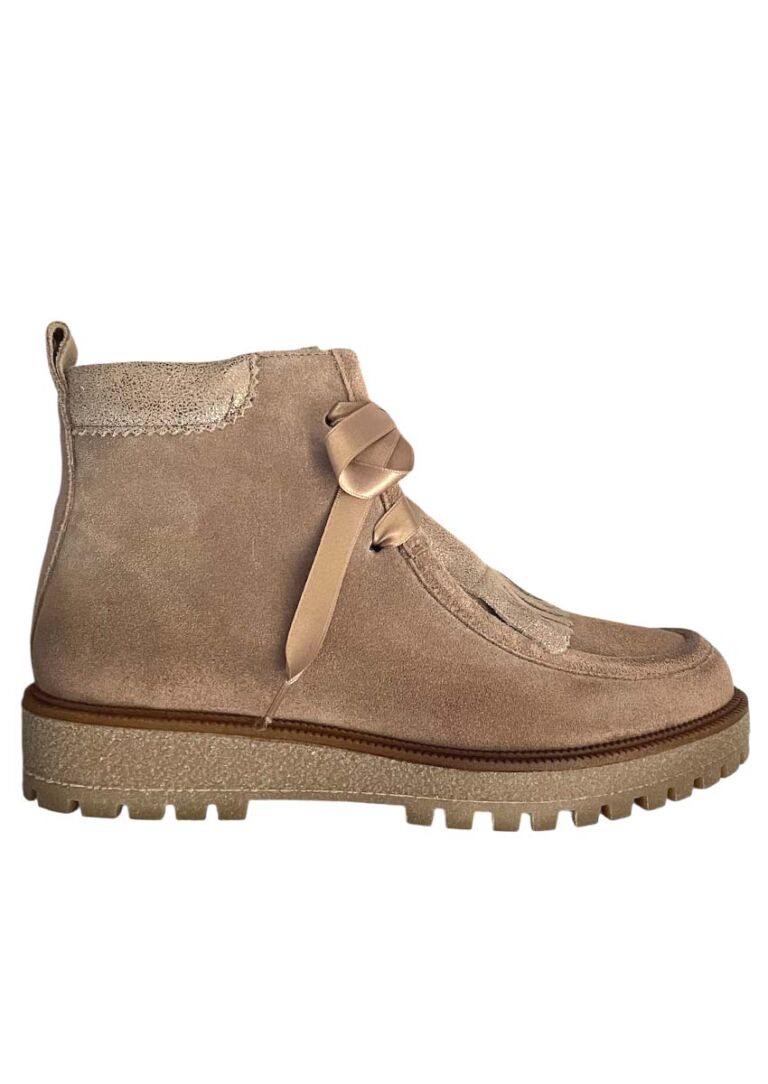 Bottine Minka Design Luana Velour beige à franges dorées : packshot vue intérieure, lacets satin et couture mocassin