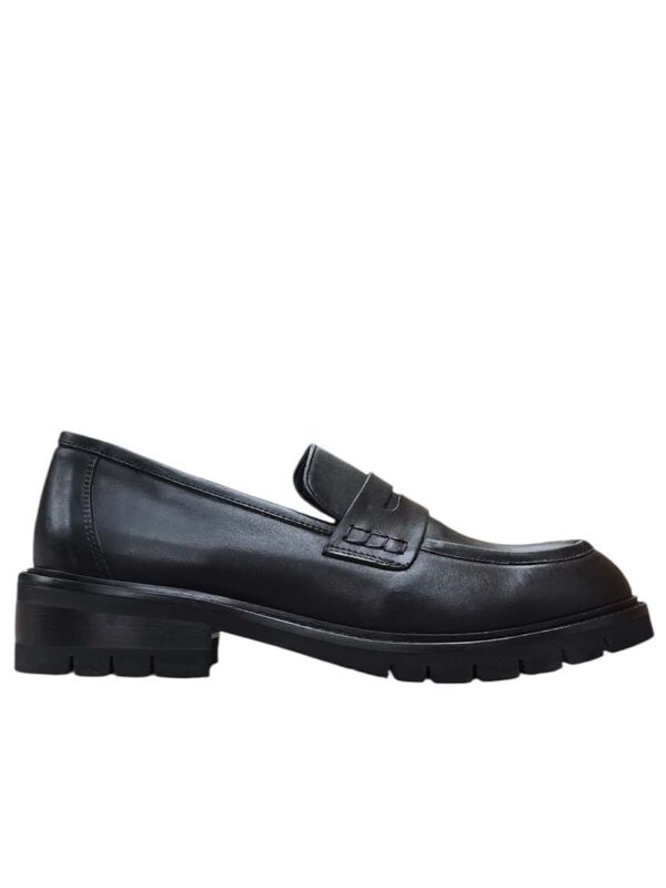 NICHE Mocassins Femme Noirs en Cuir – Natur Nero 1912 , Mocassin femme noir en cuir NICHE Natur Nero 1912, vu de profil avec semelle crantée et talon bloc de 4 cm