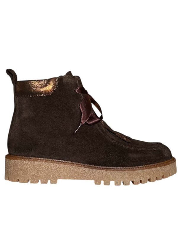 Minka Design LUANA – Bottine Daim Marron Lacets Ruban Soie 2026, en daim marron Colombia vue de profil avec semelle plateforme crantée et lacets ruban de soie bronze pailleté