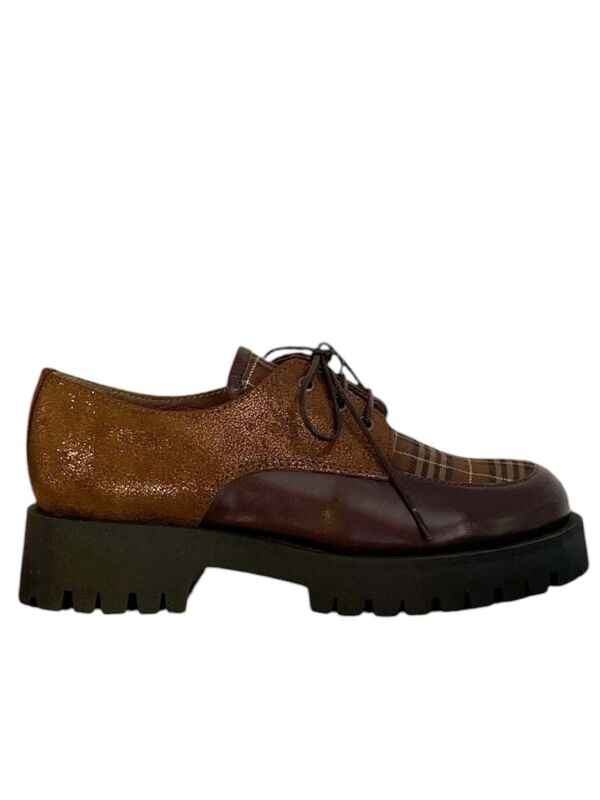 Mocassin Femme Minka Design JAVA – Cuir & Tartan à Semelle Chunky, talon confortable Minka Design JAVA vue profil : semelle plateforme crantée, cuir glitteré bronze et tartan