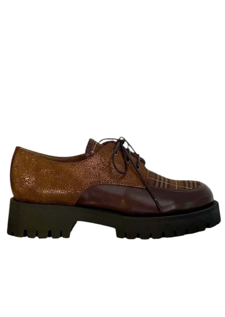 Mocassin Femme Minka Design JAVA – Cuir & Tartan à Semelle Chunky, talon confortable Minka Design JAVA vue profil : semelle plateforme crantée, cuir glitteré bronze et tartan